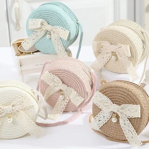 Hand-woven Summer Beach Bag Lace Bow Kids Crossbody Purse Mini Straw Bag - Picture 1 of 13