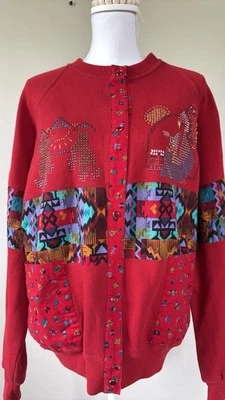 Jerzees 男式 XL 红色多色图案复古毛衣开衫美国复古 — 第 1/4 张图片