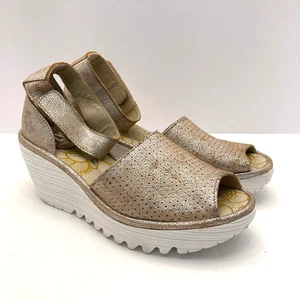 Fly London Pearl Metallic Ankle Strap Wedge Sandal Perforated Leather 36 US 5,5 - Bild 1 von 10