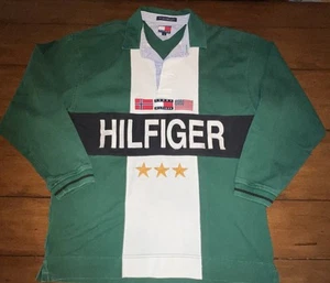 VTG Tommy Hilfiger Rugby Polo Long Sleeve Mens L Hilfiger Spelled Out Flags - Picture 1 of 13