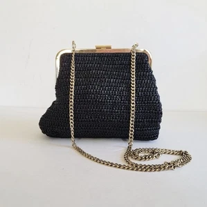 Clare V. Flore Umhängetasche Clutch dunkelblau Raffia gold Kettenglied abnehmbar - Bild 1 von 13