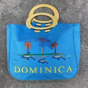BLUE DOMINICA HANDBAG TOTE BAG VINTAGE EMBROIDERY DOLPHIN BIG CARRY ISLAND - Picture 1 of 5