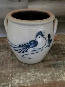 Rockdale Union stoneware pottery glazed crock blue bird flowers 