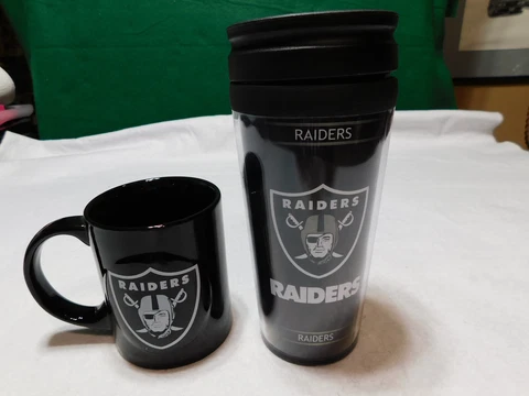Raiders NFL Brand Ceramic Coffee Cup & Matching Travel Mug. New Cover