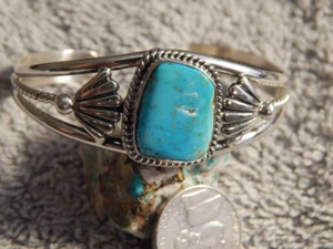 Bisbee Blue Turquoise Sterling Silver Ladies Bracelet By Navajo Harold Tahe - Picture 1 of 7