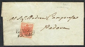 Italy 1850 Lombardy Venezia 15c Red VENEZIA-PADOVA Distribuzione 2+3 VFU - Picture 1 of 2