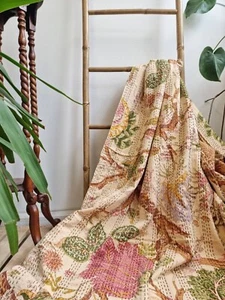 Indian hand Block Floral Kantha Quilt King Size Bedspread throw - Picture 1 of 8