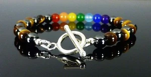 Sterling Silver CHAKRA Toggle BRACELET Tiger's Eye and Hematite - Picture 1 of 3