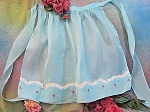 Antique Apron blue Linen voile fabric Cotton lace Embroidery Sewing Crafts Dolls - Picture 1 of 11