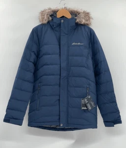 Eddie Bauer Coat Down Boundary Parka Men Small Blue Hood Faux Fur 650 Puff New - Picture 1 of 10