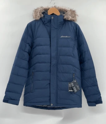 Eddie Bauer Coat Down Boundary Parka Men Small Blue Hood Faux Fur 650 Puff New - Image 1 of 4