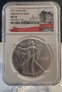 2017 $1 AQUILA AMERICANA ARGENTO NGC MS70 PRIMO GIORNO DI EMISSIONE-INV#7406 - Foto 1 di 2