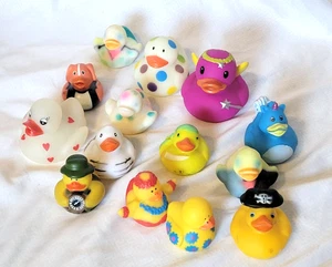 Rubber Ducks Assorted Colorful Lot of 14 Toys Jeep, Pirate Fairy Dog & more! - Bild 1 von 11