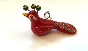Red Crowned Bird Handmade Hand Painted Pottery Ornament Ecuador 2 7/8" - Picture 1 of 5