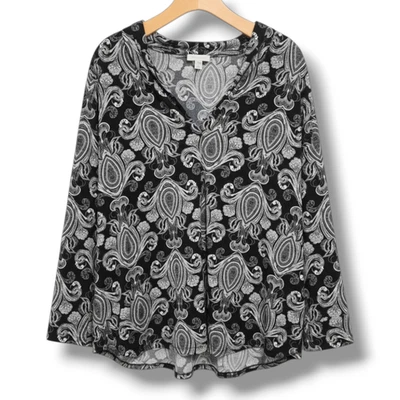 Blusa Charter Club Mujer Talla Grande Negra Blanca Paisley Cuello Manga Larga 2x Foto 1 de 4