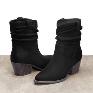 Women Mid-Calf Western Boots Chunky Heel Slouchy Suede Ankle Boots - Picture 1 of 22