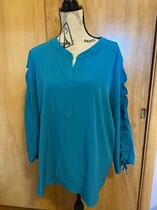 Chico's Zenergy Rouched 3/4 Sleeve Lakeview Blue Top Size 4 / Tags $79 NEW Teal - Picture 1 of 8