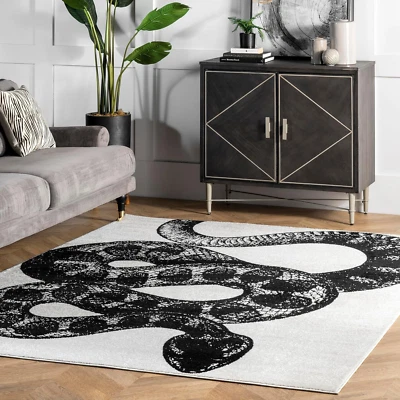 3X5 Thomas Paul Serpent Area Rug, Black & off White, Snake Design, Non-Slip Back