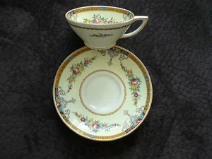 MYOTT VINTAGE ART DECO CUP & SAUCER/1930'S, ENGLAND/ YELLOW,BROWN,PINK,GREEN - Picture 1 of 6