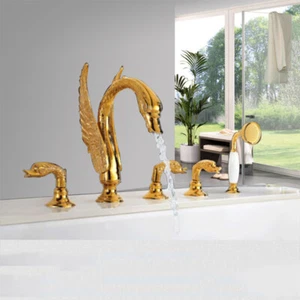 Swan 5 PCS Vessel Basin Bathtub Faucet Shower Hand Sprayer Mixer Taps Brass Gold - Picture 1 of 5