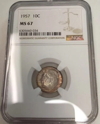 Beautifully Toned 1957 Roosevelt Dime 10C NGC MS67 #6305660-034 - Image 1 of 4