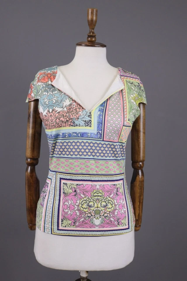 Camisa Blusa JUST CAVALLI Multicolor Arte Abstracto Manga Corta Cuello en V Talla S Foto 1 de 4