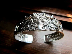 Ox Bull Stainless Steel Buddhist Astrology Animal Character Cuff Silver Bracelet - Picture 1 of 7