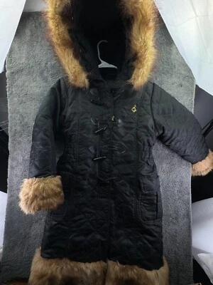 Abrigo BABY Phat Imitación Piel Capucha Borde Grande Negro Cremallera Completa Relleno Chaqueta Acolchada Foto 1 de 4