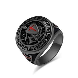 Knights Templar Armor of God Ephesians 6:13-17 Red Mens Stainless Steel Ring - Picture 1 of 19