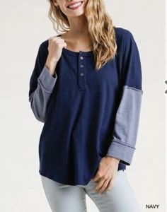 Umgee USA Tunic Top Women's Long Sleeve 2 Tone Blue Round Neck Cotton Blend L - Picture 1 of 2