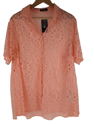 Pink Lace Blouse, Sheer Shirt Short Sleeve Summer Tops Casual Floral, Size 20 - Image 1 of 4