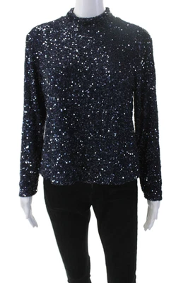 Blusa Top Insight Mujer Lentejuelas Cuello Alto Cremallera Trasera Manga Larga Azul Marino Talla S Foto 1 de 4