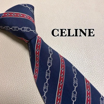 Celine Necktie Macadam Triomphe Striped Navy Silk High Brand Used - Image 1 of 4