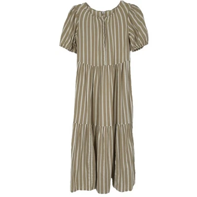 Antiguo Vestido Midi Azul Marino Tostado Blanco Rayas en Niveles Mangas Cortas Abullonadas Cottagecore Talla XS Foto 1 de 4