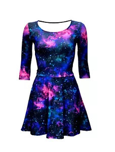Vestido para mujer azul púrpura galaxia cosmos estrellas planetas rockabilly mangas 3/4 - Imagen 1 de 3