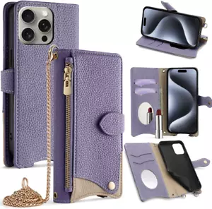 Women Leather Zipper Card Magnetic Flip Wallet Shoulder Strap Phone Case Cover - Picture 1 of 18