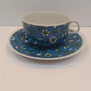 HH Holt Howard 2827 MCM Soup Cup Plate Retro Flowers Blue Green 2 pcs.Vtg 1968 - Picture 1 of 15