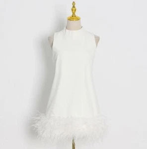 Womens Fashion Mock Neck Ostrich Feather Sleeveless A Line Short Dress Office - Foto 1 di 13
