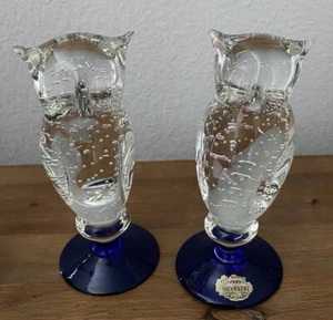 Murano Owl Silvestri Italy Cobalt Blue Bubble Glass Bullicante Figurine Set Of 2 - Picture 1 of 19