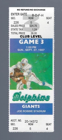 VINTAGE 1987 NFL NEW YORK GIANTS @ MIAMI DOLPHINS FULL FOOTBALL TICKET - MARINO Cover