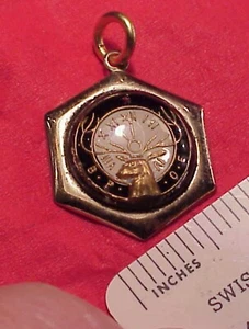 GOLD PLATED GLASS ELKS CLUB BPOE POCKET WATCH FOB CHARM PENDANT 7/8 INCH - Picture 1 of 3