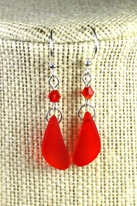 RED Cultured teardrop nuggets sea glass Handmade earrings w crystal accent beads - Picture 1 of 4