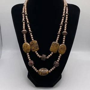 Boho Elephant Skin Jasper Stone Pink Faux Pearl Bronze Tone Ornate Bead Necklace - Picture 1 of 11