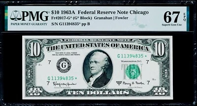 $10 1963A Federal Reserve * Star Note Chicago PMG 67 EPQ Superb Gem Uncirculated - Image 1 of 3