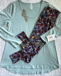 Lularoe Outfit Lynnae Top Medium Solid Mint Green & OS Paisley Floral Leggings - Picture 1 of 4
