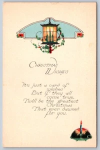Christmas Wishes, Rhyme, Candle, Lantern, Holly, Vintage Greetings Postcard - Picture 1 of 2