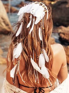 Indian Costume Women Feather Headband Headpiece Hippie Hair Accessories - Picture 1 of 7