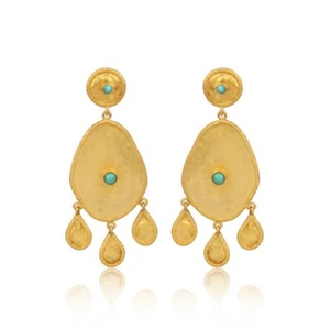 Multi Hammered Leaf Round Turquoise Yellow Gold Earrings For Wedding Jewelry - Picture 1 of 4