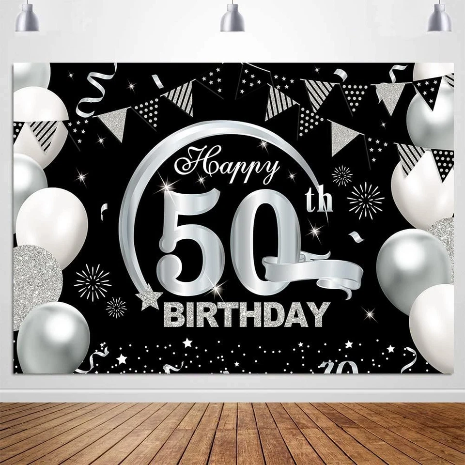 Banner de cumpleaños del 50 aniversario de 7X5 pies telón de fondo negro y plateado decoración de aniversario Foto 1 de 4