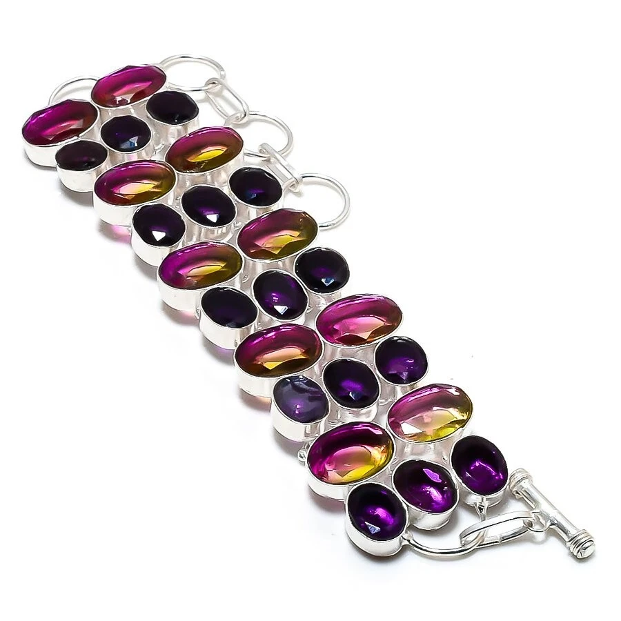 925 Sterling Silber Ametrin & Amethyst Edelstein Handarbeit Schmuck Armreif A... - Bild 1 von 4